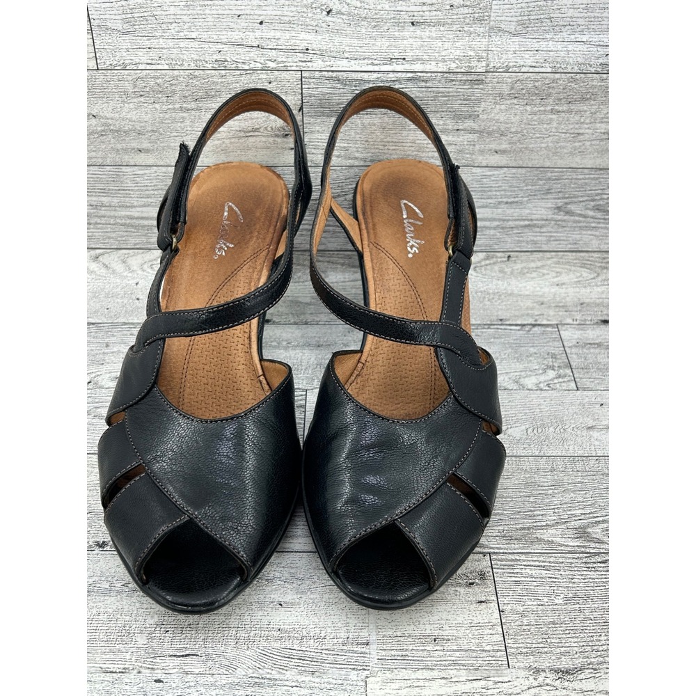 Clarks Women Black Leather Peep Toe Slingback Heeled Sandals Size‎ 8M 89105